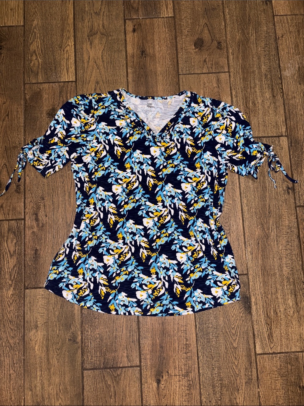 Kim Rogers Navy Blue Floral V-Neck Tie-Sleeve Tunic | Small